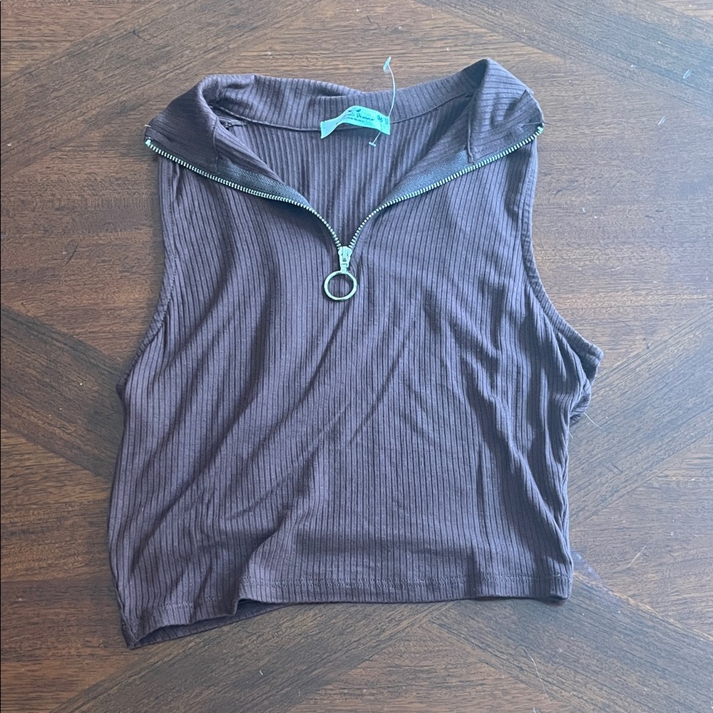 Dark Brown Sleeveless Zip-Up Top